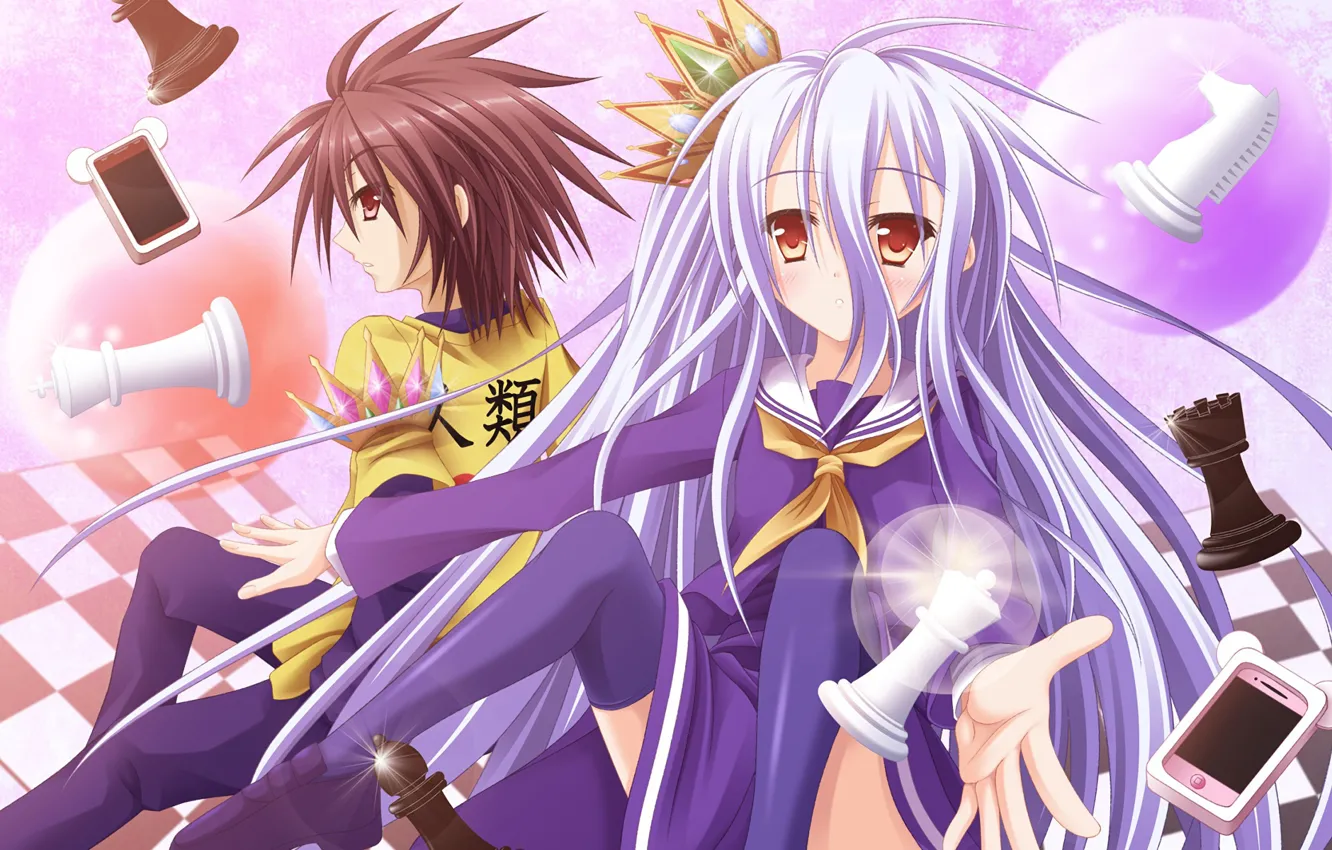 Photo wallpaper anime, chess, art, girl, guy, two, a couple, No Game No Life