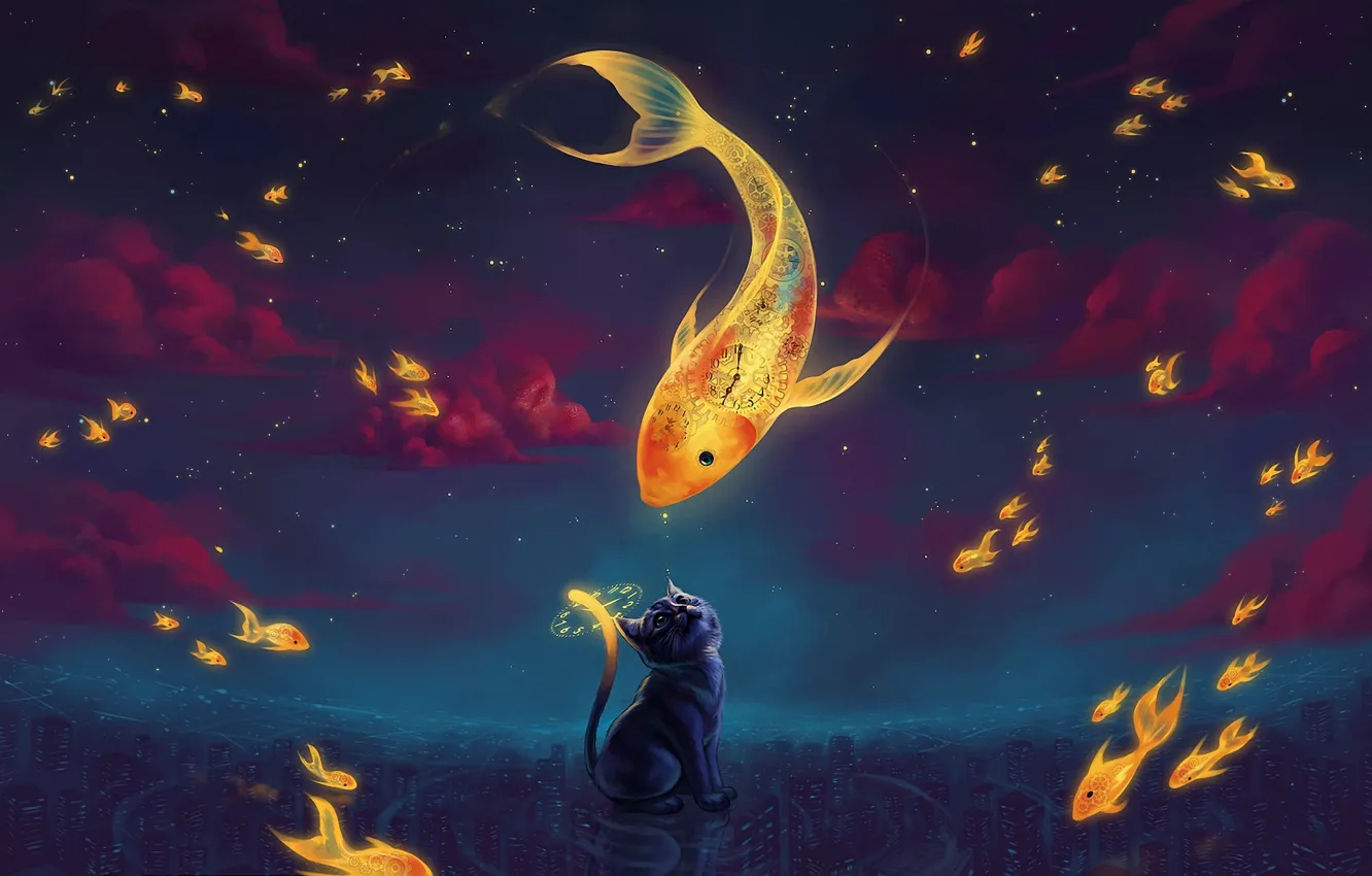 Photo wallpaper clouds, the city, fantasy, watch, fish, stars, the evening, art