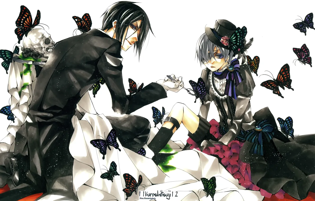 Photo wallpaper butterfly, skull, costume, art, Dark Butler, Kuroshitsuji, Sebastian Michaelis, Ciel Phantomhive