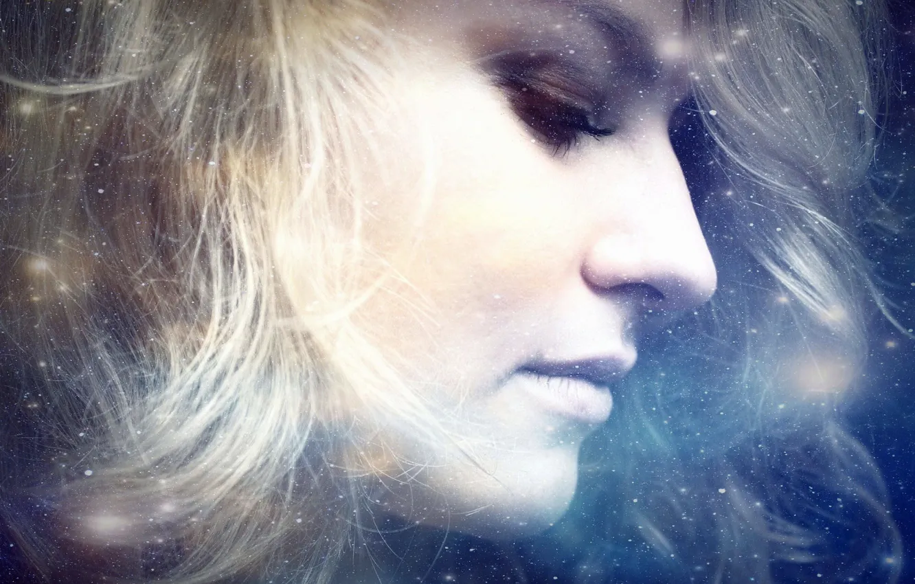 Photo wallpaper look, girl, snow, face, eyelashes, hair, art, blonde