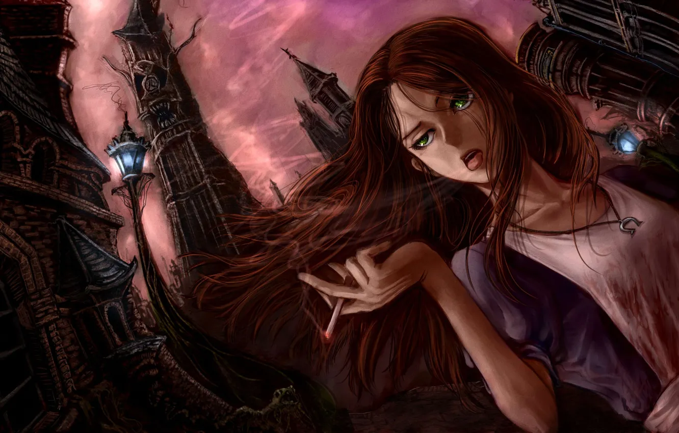 Photo wallpaper girl, the city, smoke, cigarette