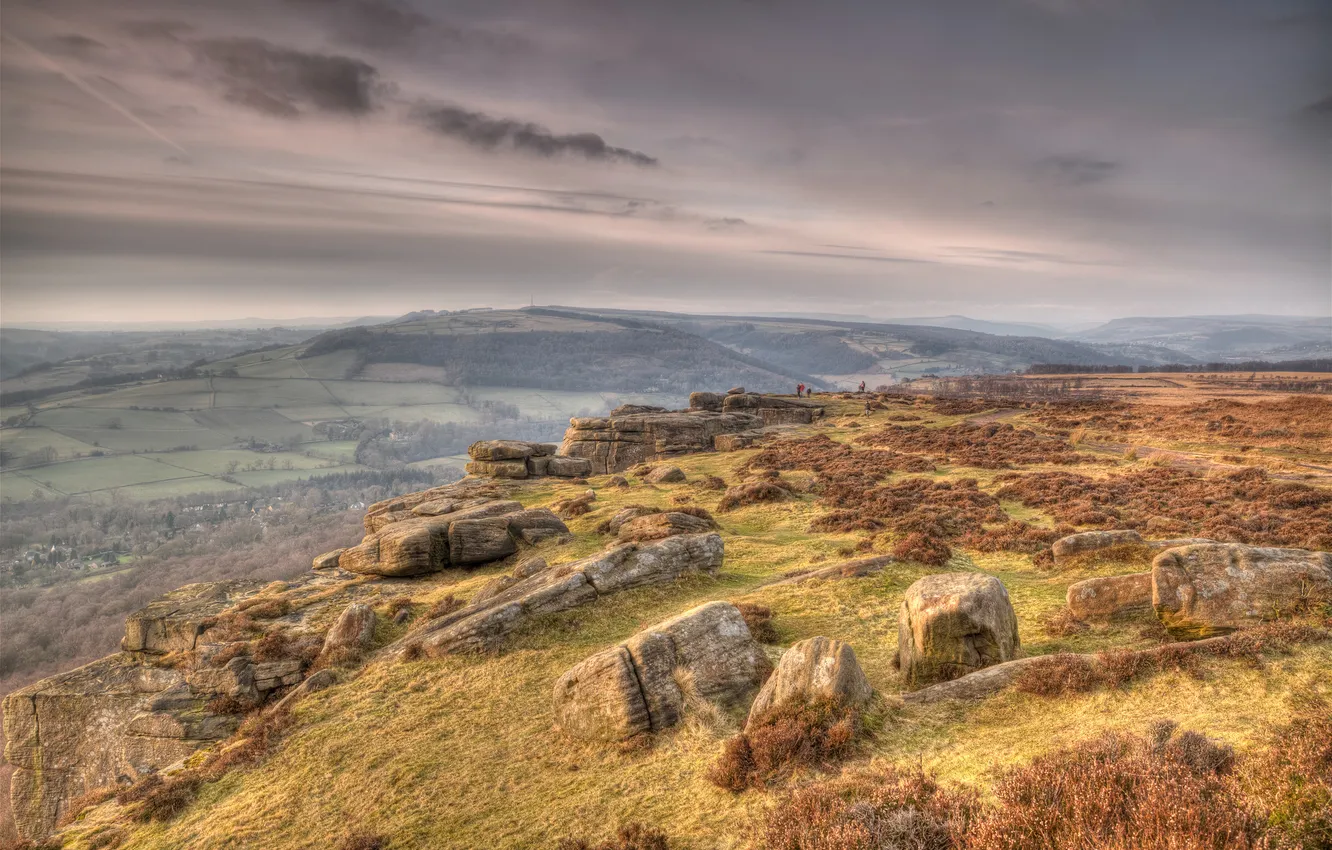 Photo wallpaper clouds, stones, hills