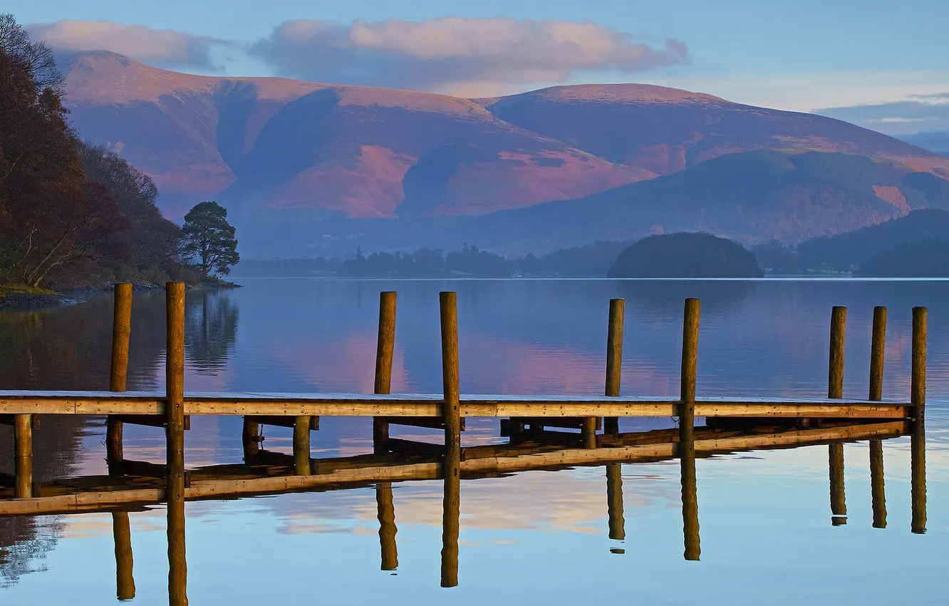 Photo wallpaper the sky, trees, mountains, lake, the evening, pier, the bridge