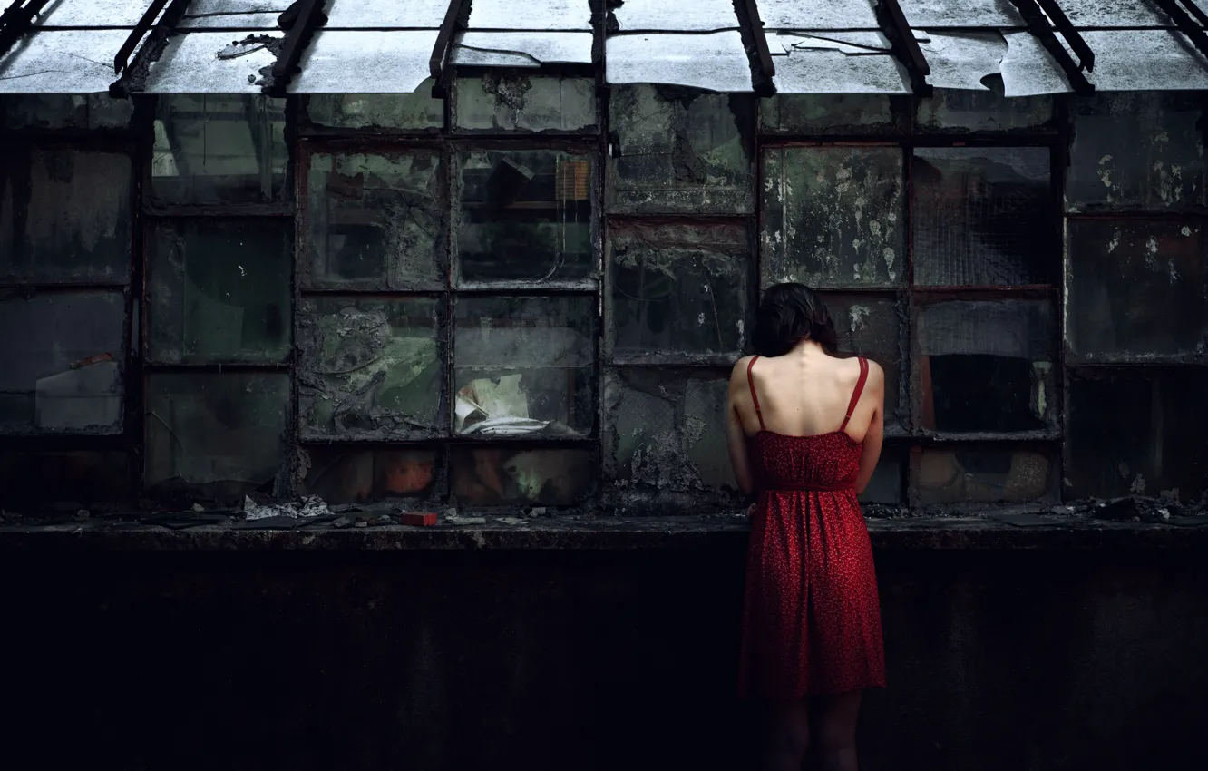 Photo wallpaper girl, Windows, dress, glass, Destruction