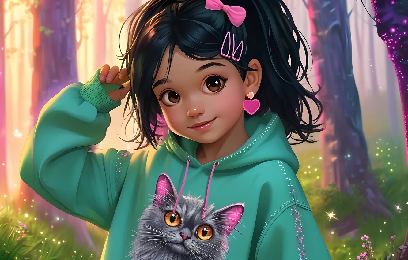 Photo wallpaper forest, childhood, heat, kindness, tenderness, calm, earrings, girl