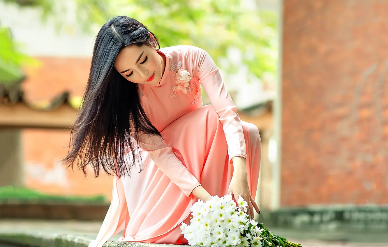 Photo wallpaper girl, bouquet, dress, bokeh