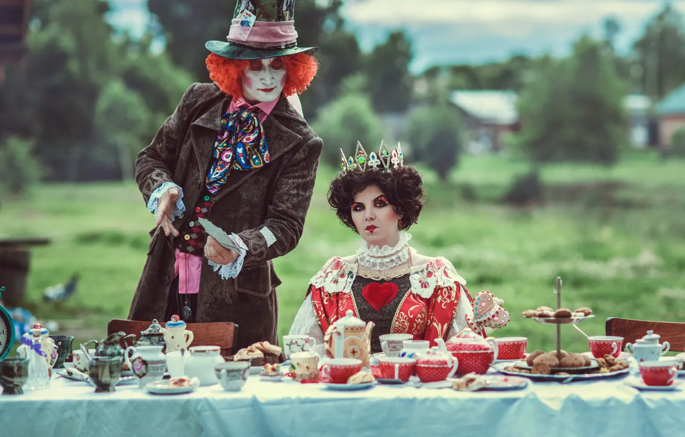 Photo wallpaper look, girl, pose, rabbit, the tea party, male, Alice in Wonderland, Queen