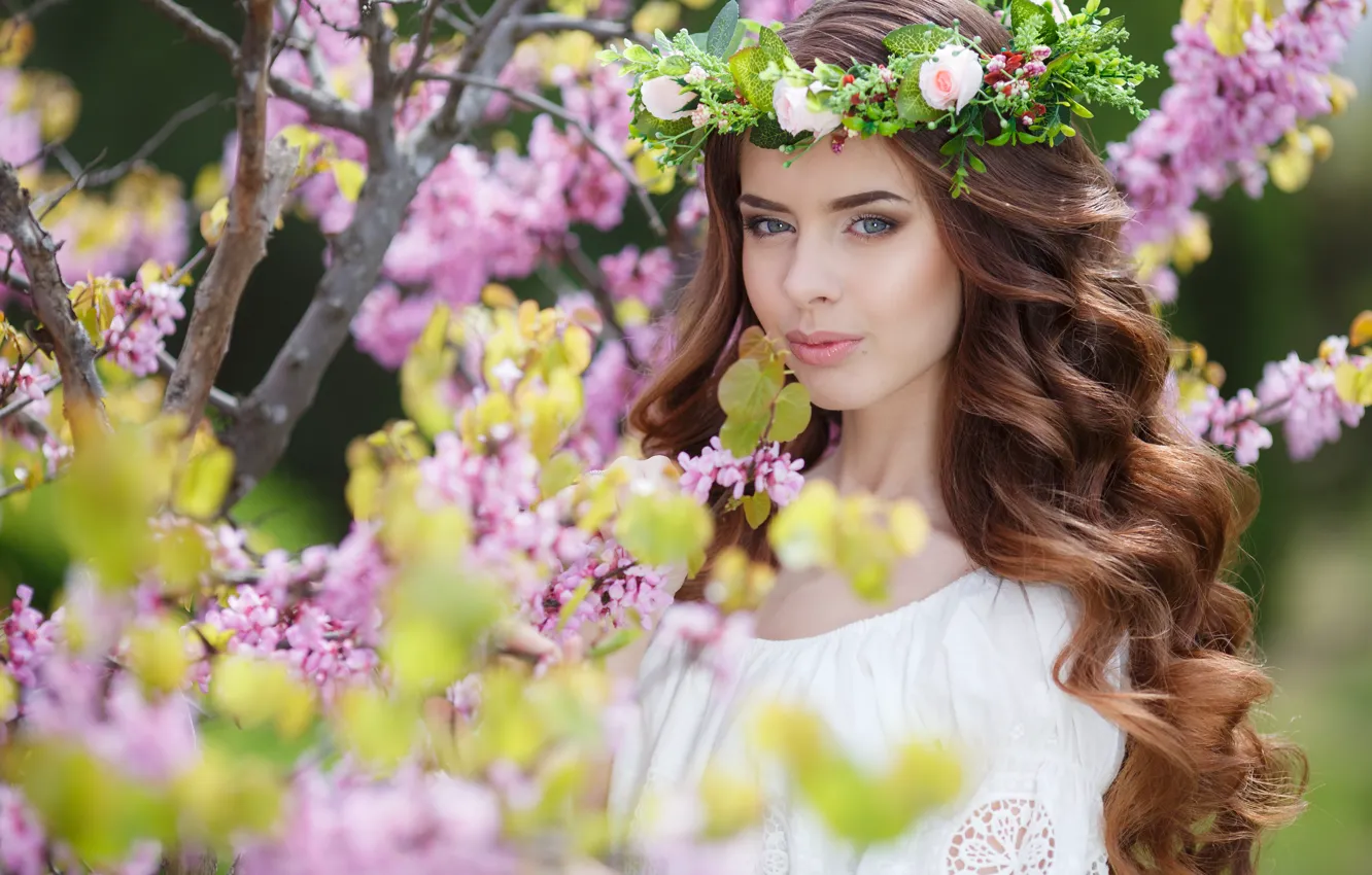 Photo wallpaper summer, leaves, girl, flowers, branches, nature, pose, sweetheart