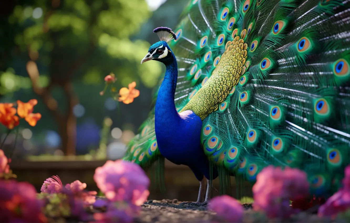 Photo wallpaper look, flowers, nature, bird, garden, tail, peacock, AI art