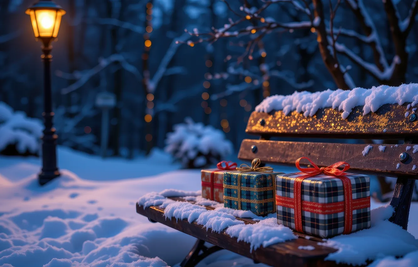 Photo wallpaper winter, light, snow, trees, bench, night, branches, Park