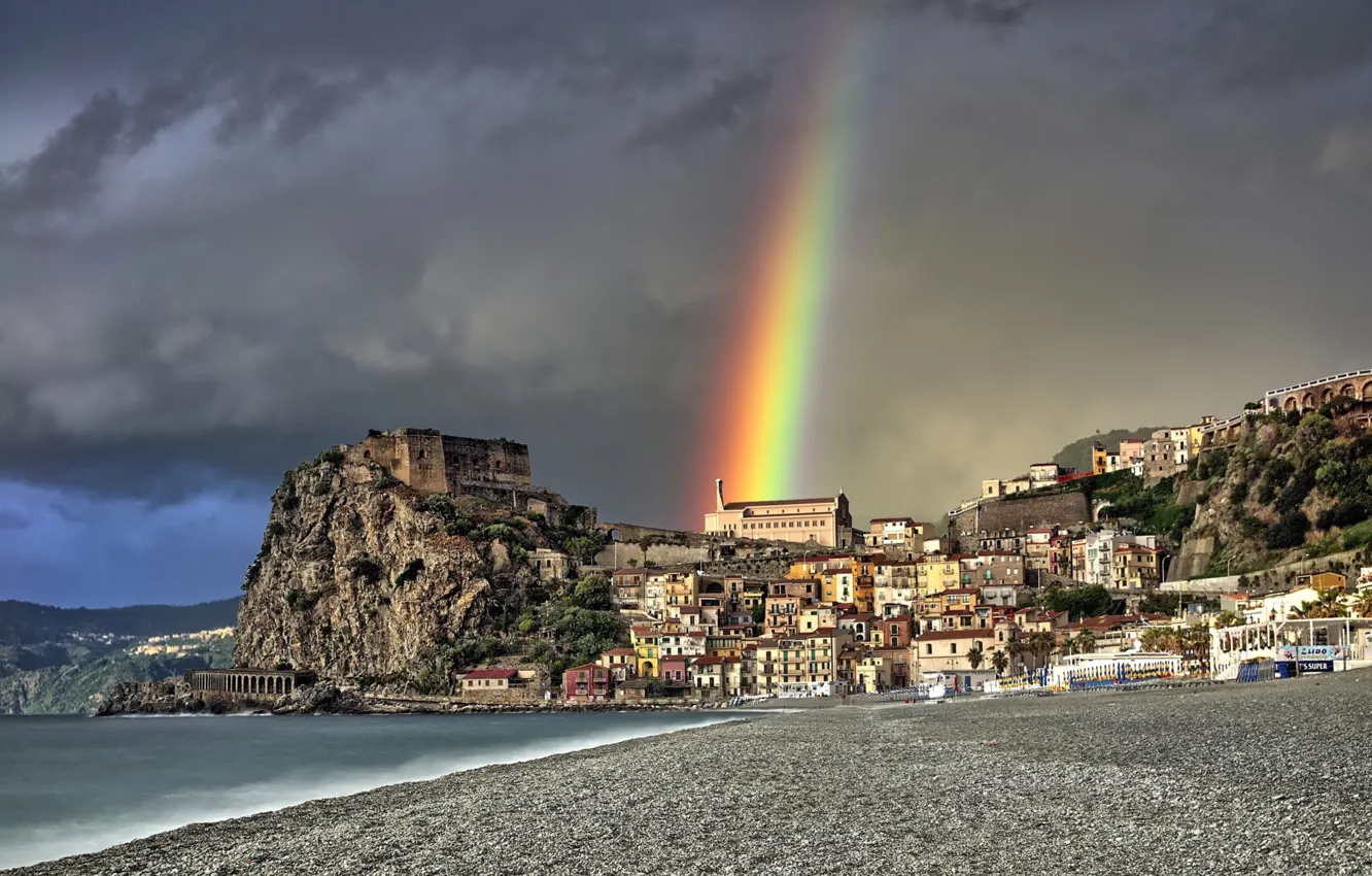 Photo wallpaper sea, landscape, rocks, shore, home, rainbow, Italy, municipality