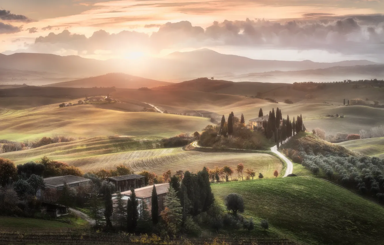 Photo wallpaper road, field, hills, home, Italy, Tuscany
