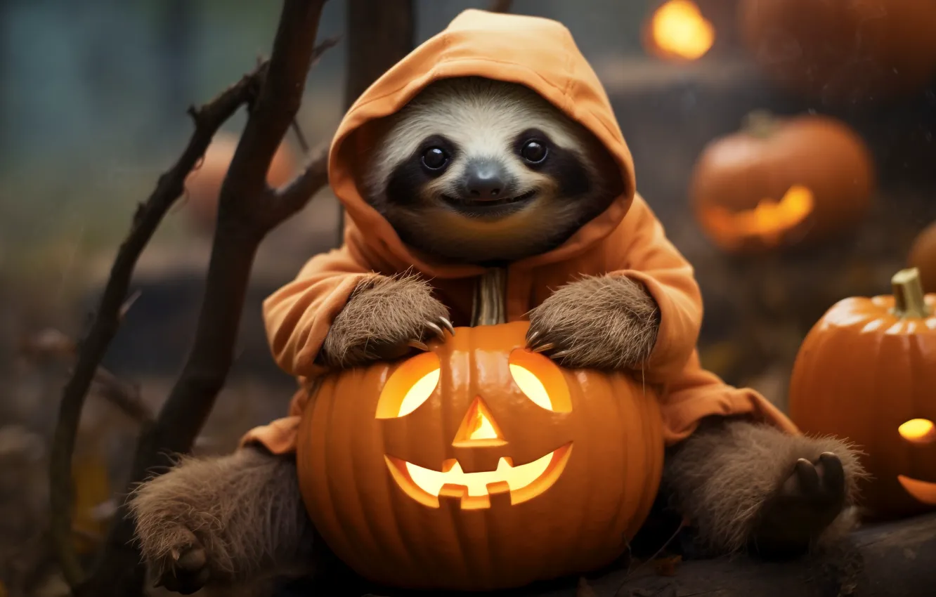 Photo wallpaper autumn, nature, holiday, hood, pumpkin, Halloween, sloth, Halloween