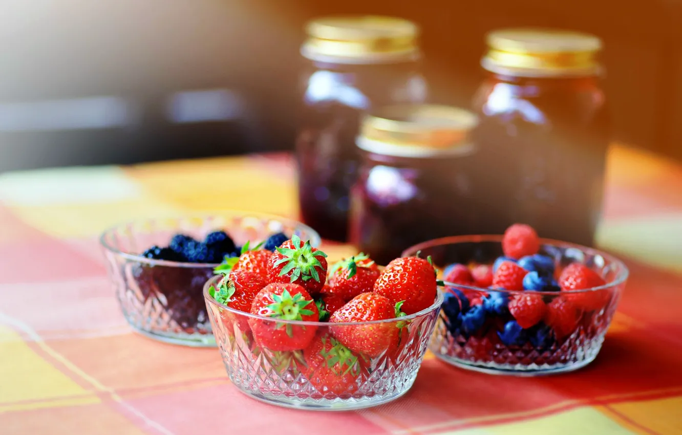 Photo wallpaper berries, raspberry, blueberries, strawberry, BlackBerry, jam, bowls