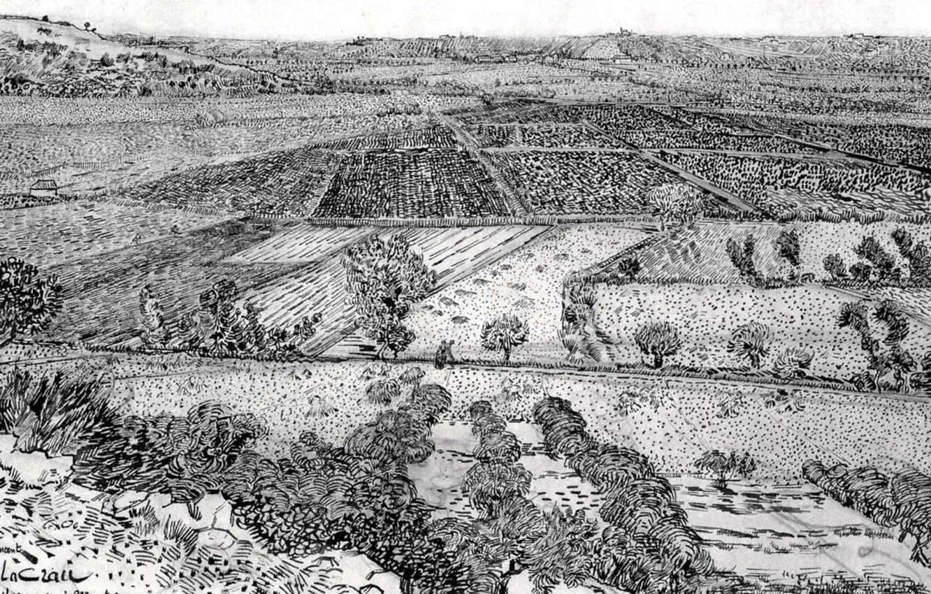 Photo wallpaper field, crops, black and white, Vincent van Gogh, La Crau seen, from Montmajour