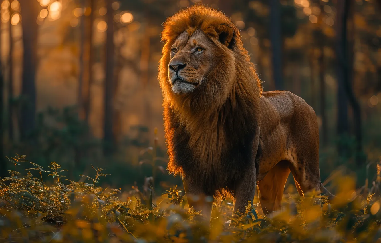 Photo wallpaper look, dawn, predator, Leo, big cat, digital art, AI art, The Art of Artificial Intelligence