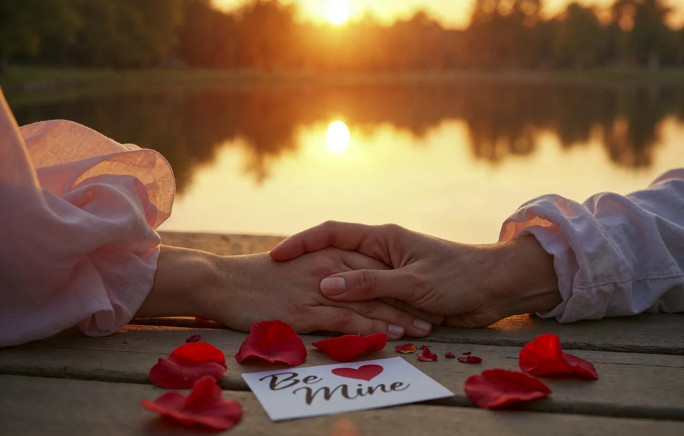 Photo wallpaper love, romance, heart, roses, hands, love, Valentine's day, sunset