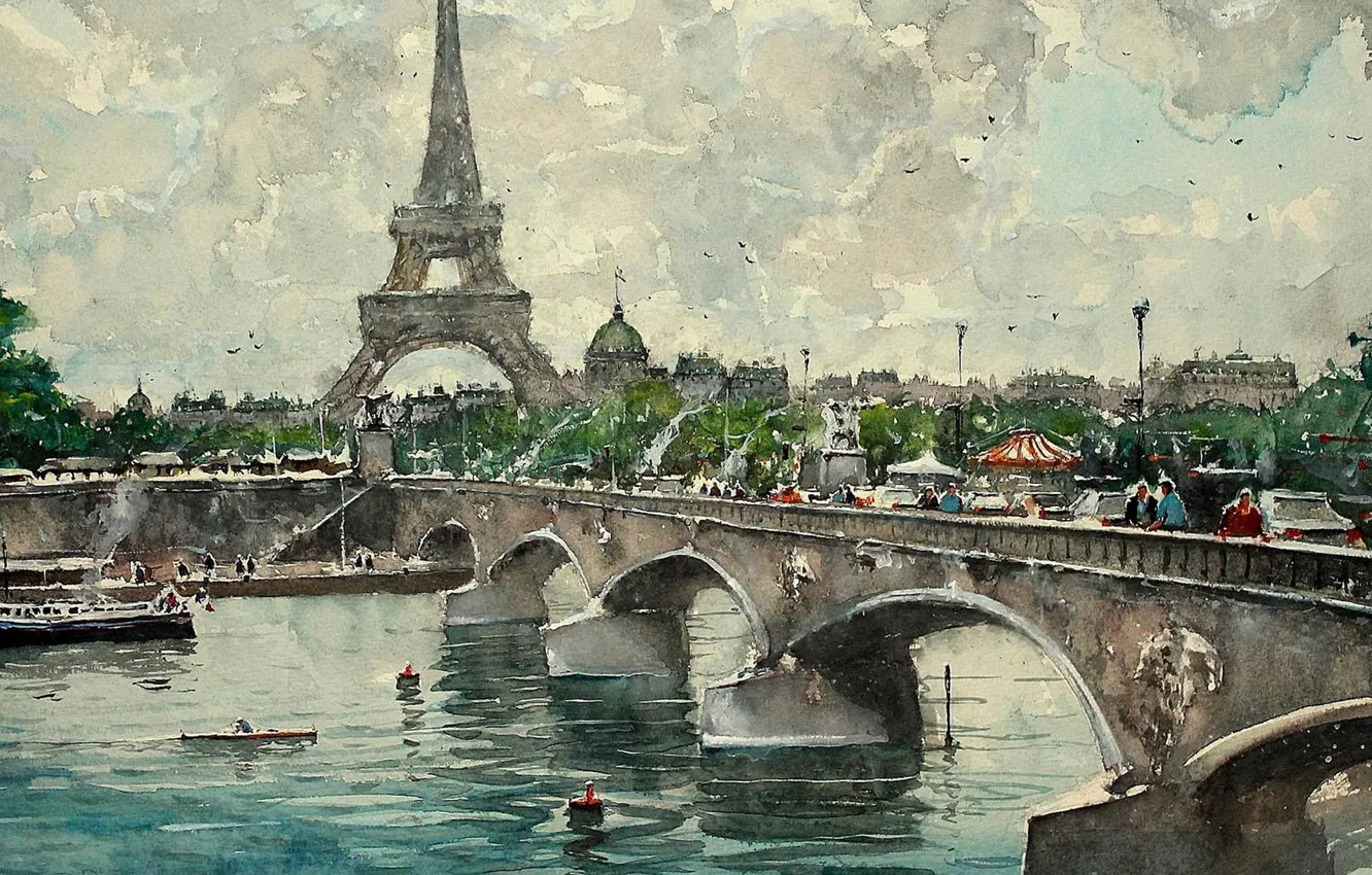 Photo wallpaper bridge, river, Paris, picture, watercolor, Eiffel tower, the urban landscape, Maximilian DAmico