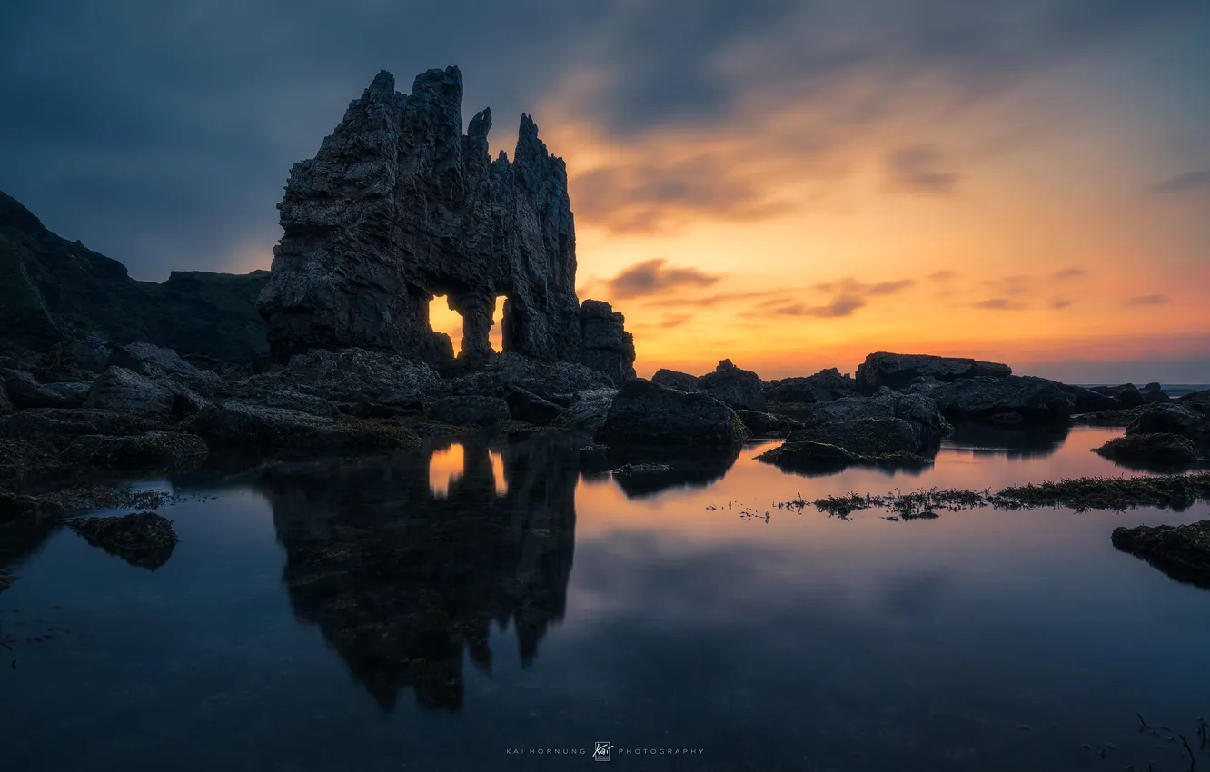 Photo wallpaper sea, landscape, rocks, dawn, arch