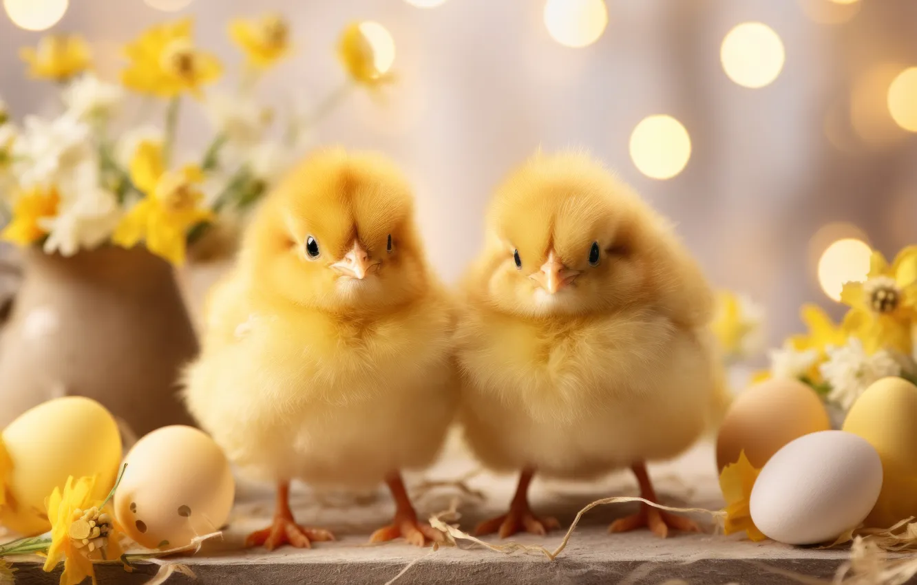 Photo wallpaper flowers, holiday, chickens, eggs, spring, Easter, Chicks, painted