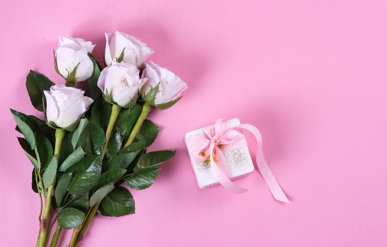 Photo wallpaper background, pink, birthday, gift, bouquet, tape