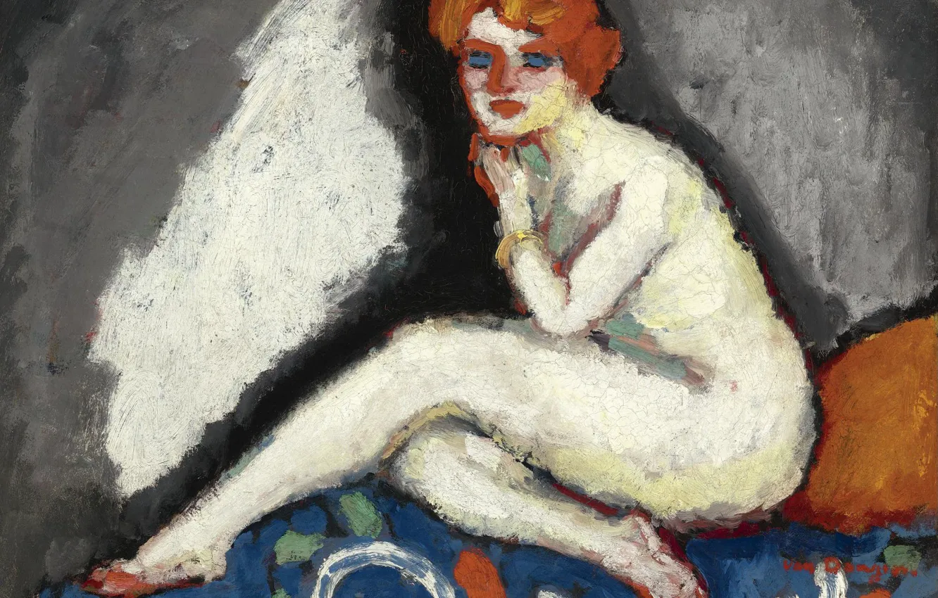 Photo wallpaper oil, blue eyes, Seated Nude, redhead woman, Kees van Board., canvas., 1906-1907