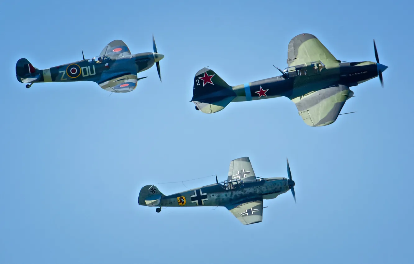 Photo wallpaper fighters, flight, Spitfire, Messerschmitt, IL-2 Sturmovik