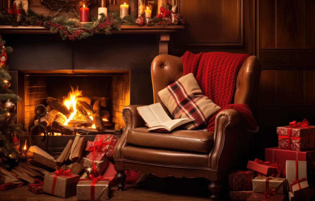 Photo wallpaper decoration, room, gift, balls, tree, new year, interior, chair