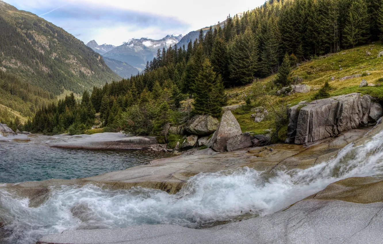 Photo wallpaper mountains, river, Switzerland, valley, Alps, panorama, Switzerland, Alps