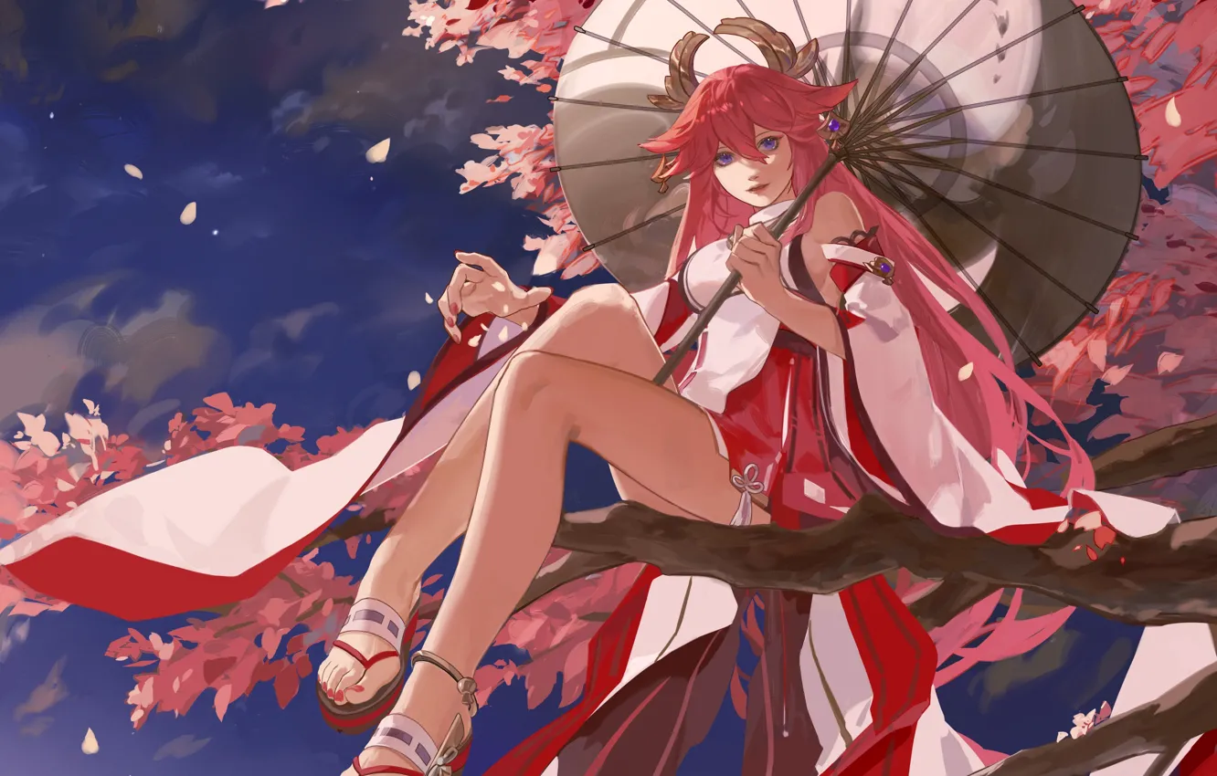 Photo wallpaper girl, trees, umbrella, flowering, Genshin Impact, Yae Miko
