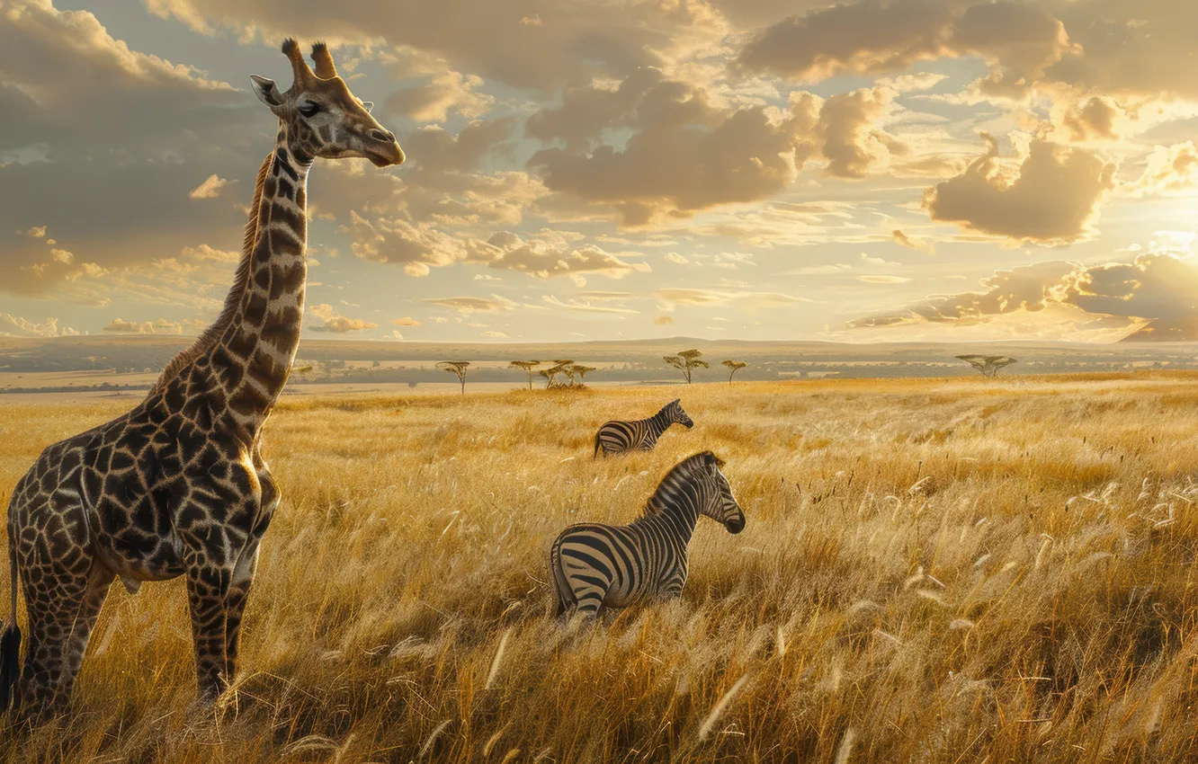 Photo wallpaper grass, clouds, giraffe, Zebra, Savannah, digital art, AI art, The Art of Artificial Intelligence