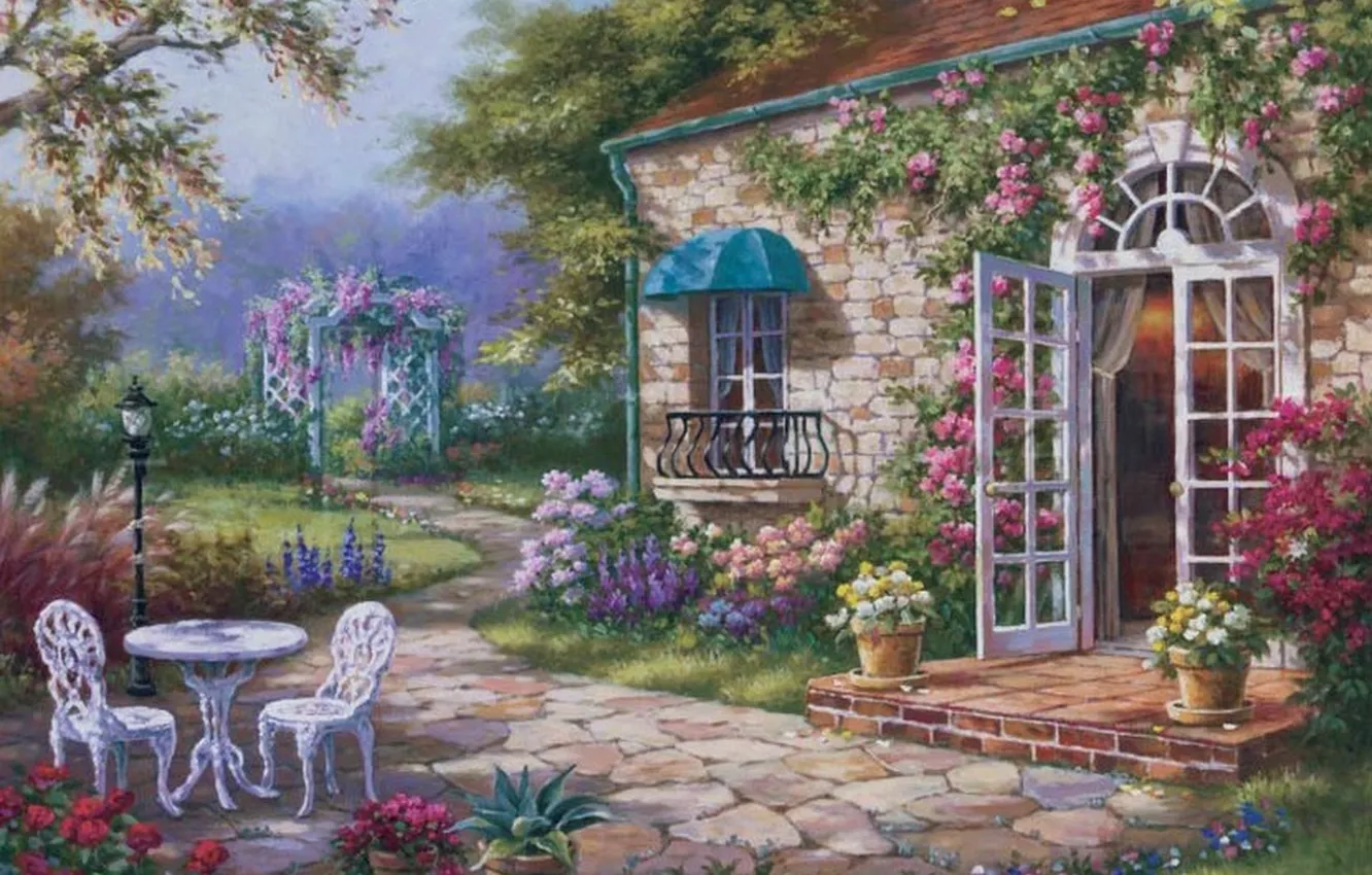 Photo wallpaper flowers, house, picture, garden, yard, painting, painting, Sung Kim