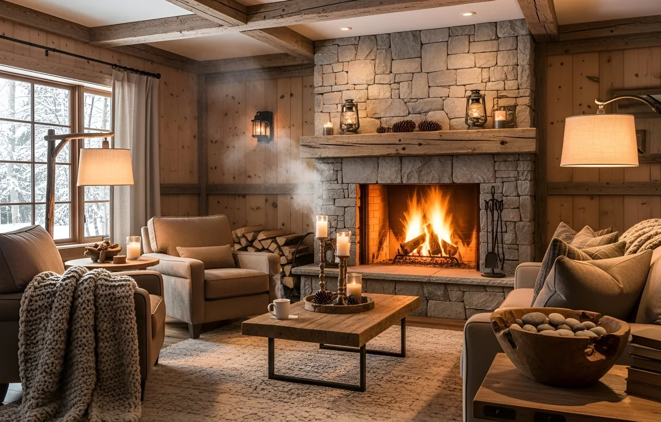 Photo wallpaper winter, snow, room, interior, window, Christmas, fireplace, plaid