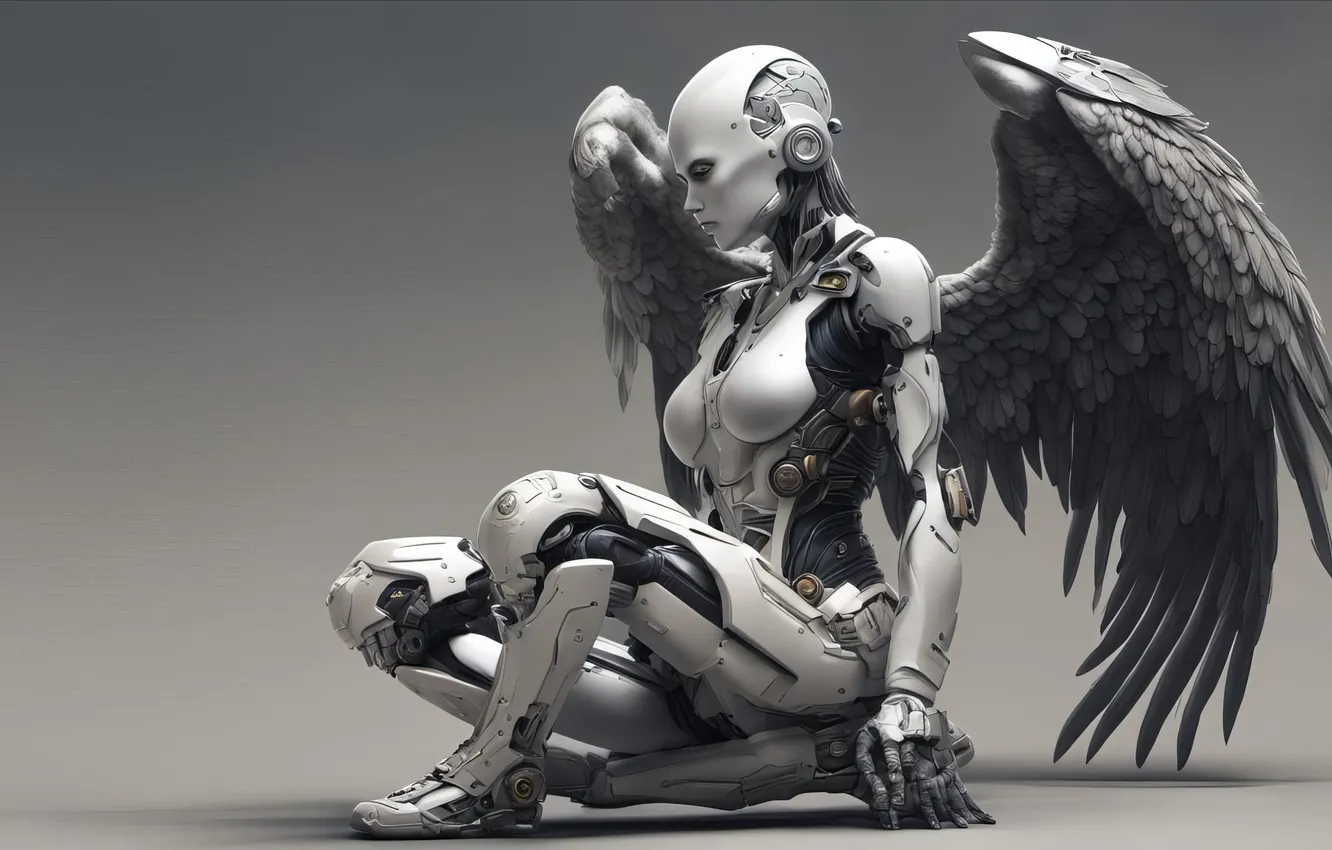 Photo wallpaper woman, mechanism, robot, wings, angel, Android
