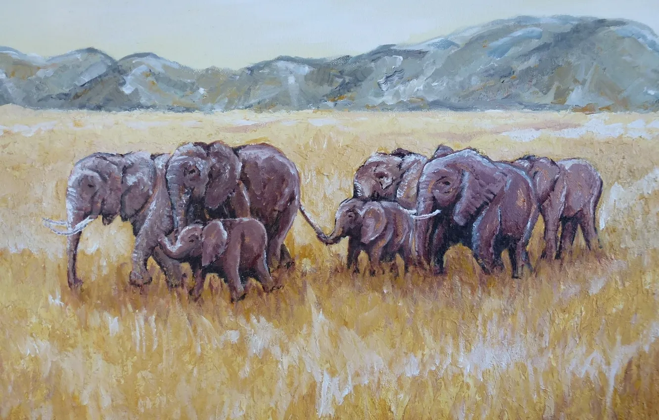Photo wallpaper grass, mountains, art, Savannah, elephants, dry, elephants, the herd