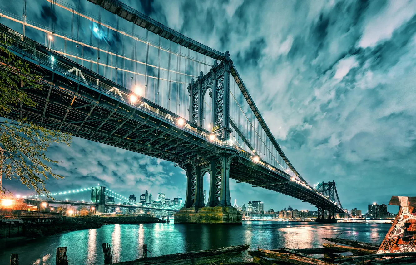 Photo wallpaper bridge, the city, New York, the evening, USA, Bridge, Brooklyn, Manhattan
