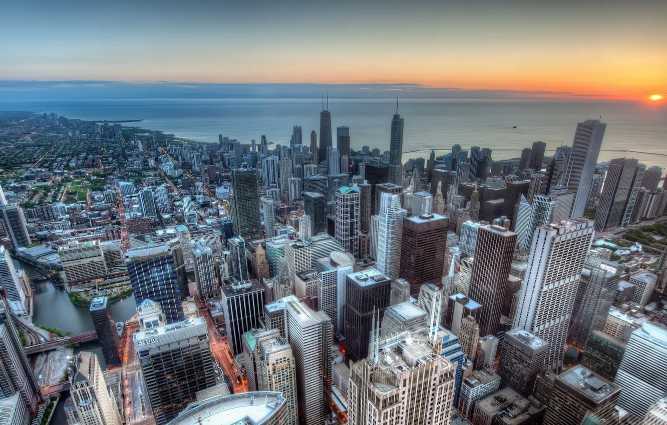 Photo wallpaper sunset, coast, building, Chicago, panorama, Chicago, skyscrapers