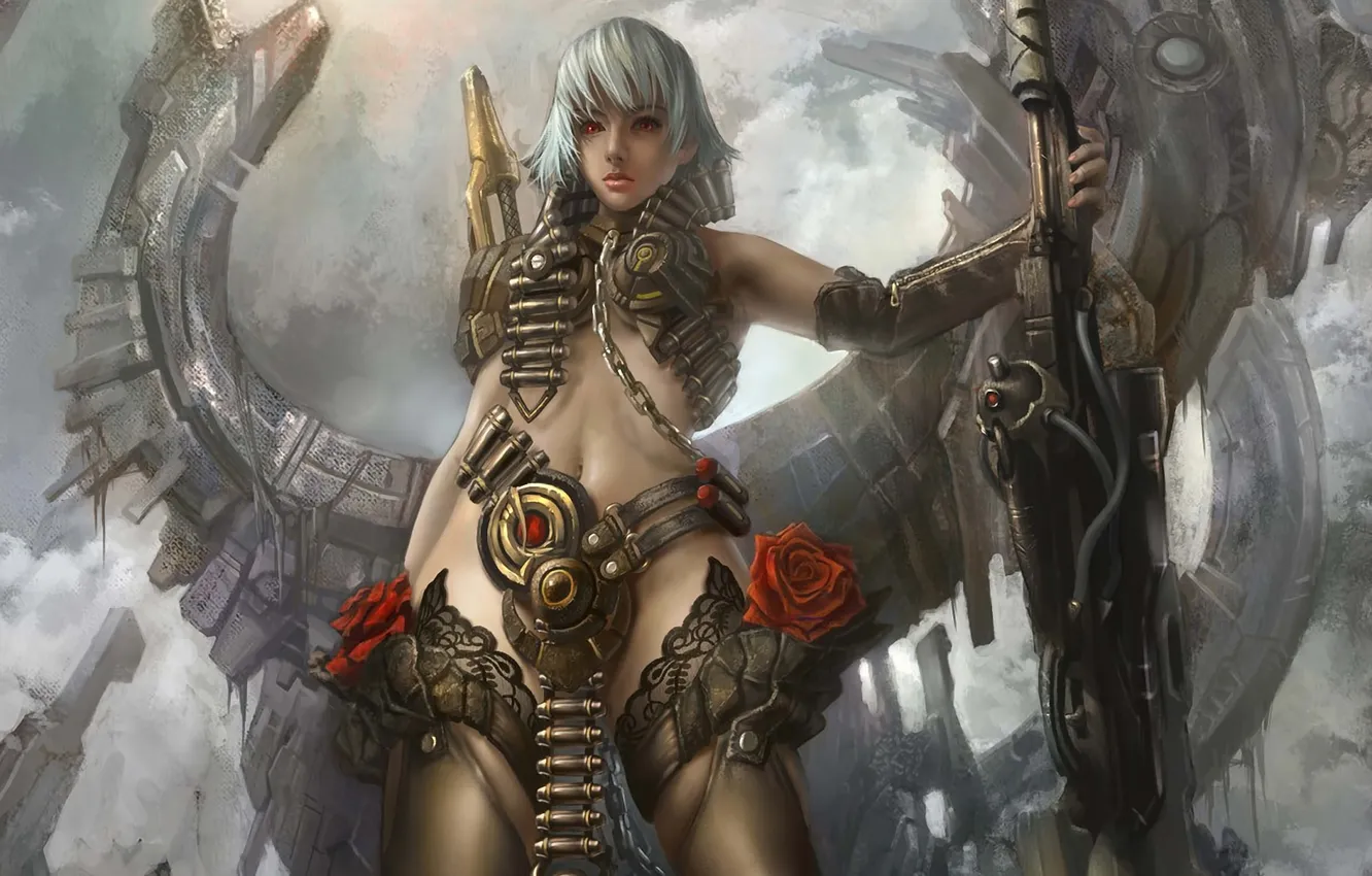 Photo wallpaper look, girl, roses, stockings, sniper, rifle, structure