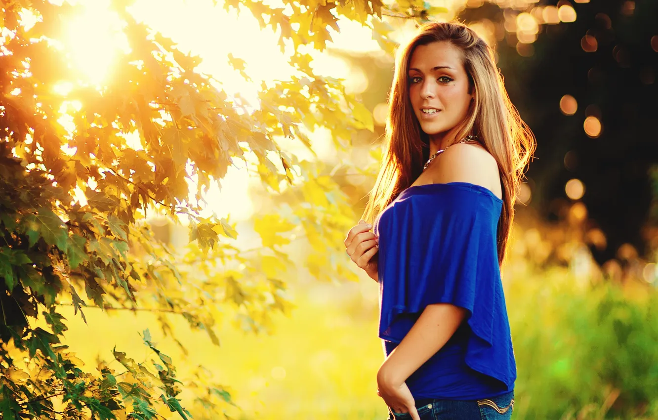 Photo wallpaper look, leaves, girl, nature