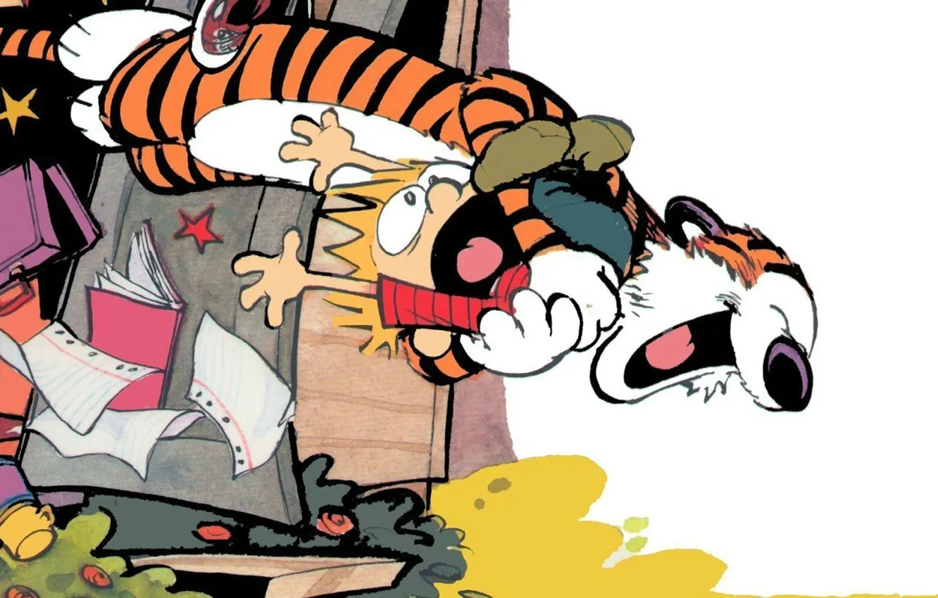 Photo wallpaper laughter, Calvin and Hobbes, cries, grabbed, Calvin, Hobbs, mess
