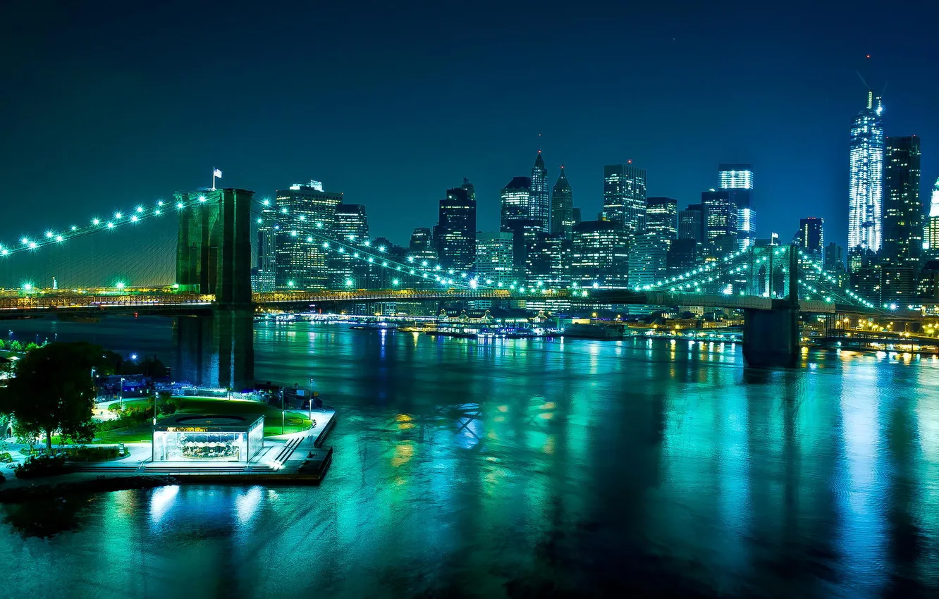 Photo wallpaper bridge, lights, river, home, the evening, New York City, World Trade Center, Manhattan Bridge