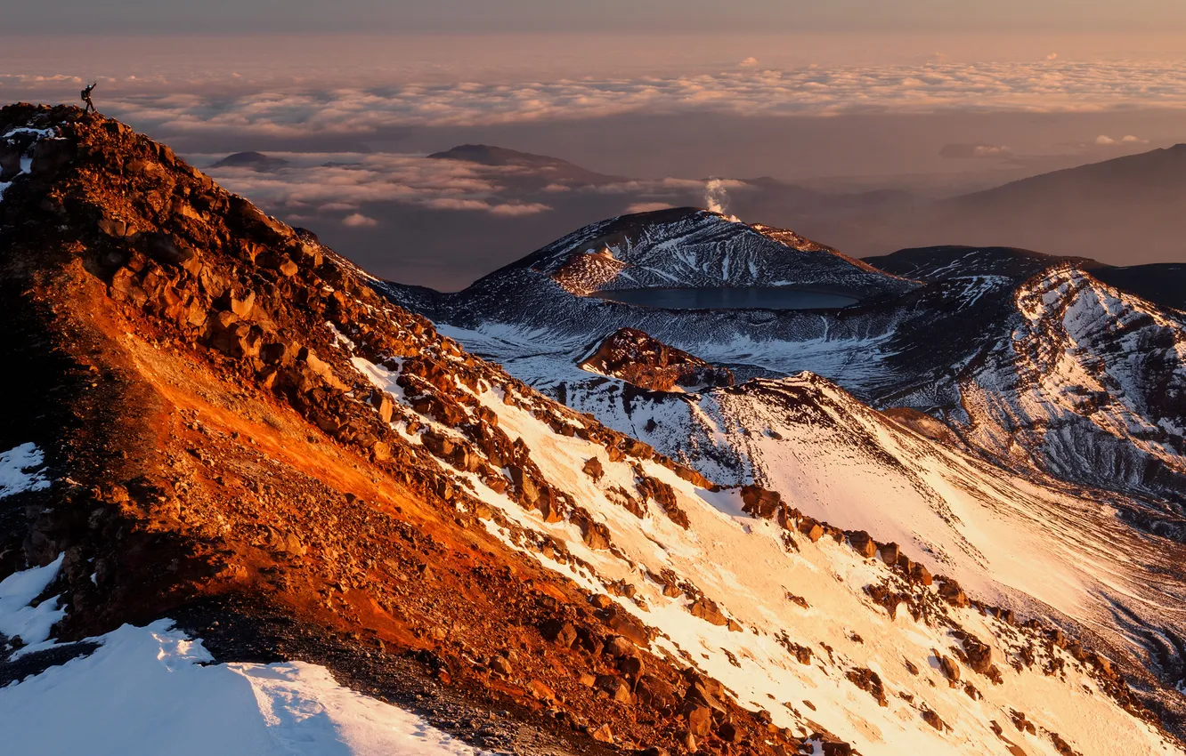 Photo wallpaper sunset, cloud, mountain, snow, mount ngauruhoe