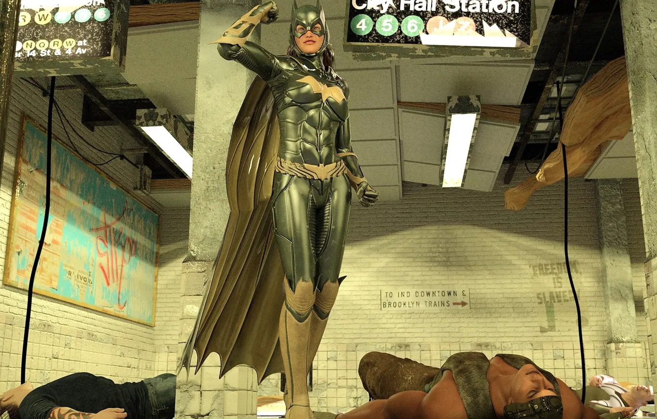Photo wallpaper woman, men, subway, the victim, Batgirl fights three thugs