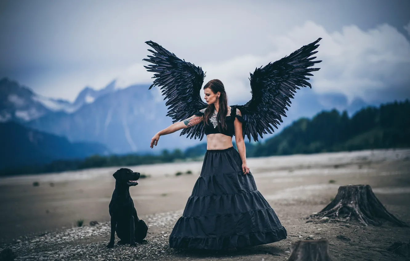 Photo wallpaper girl, mountains, woman, wings, dog, angel, black
