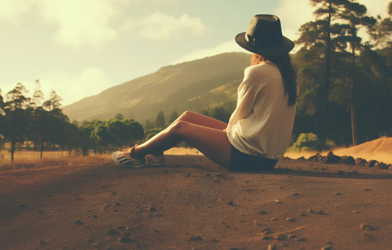 Photo wallpaper field, girl, nature, hat, sitting, digital art, sitting back, AI art