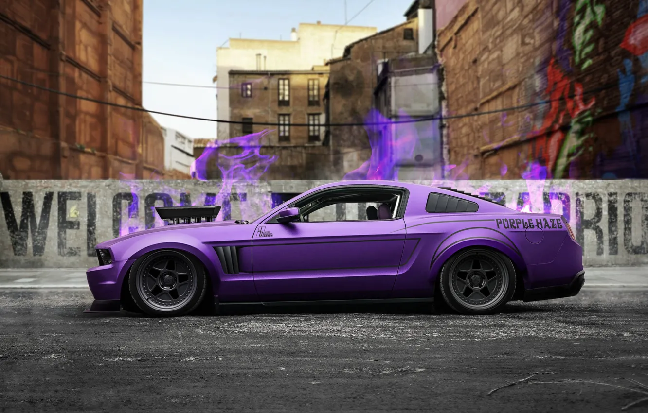 Photo wallpaper Auto, The city, Machine, Purple, Ford Mustang, Purple, Side view, Transport & Vehicles