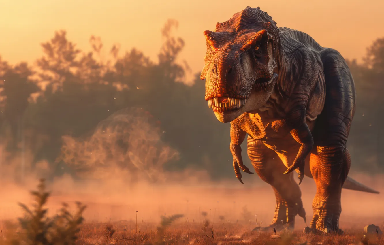 Photo wallpaper Trees, Face, Predator, Dinosaur, Animal, Digital art, Tyrannosaurus, Tyrannosaurus Rex