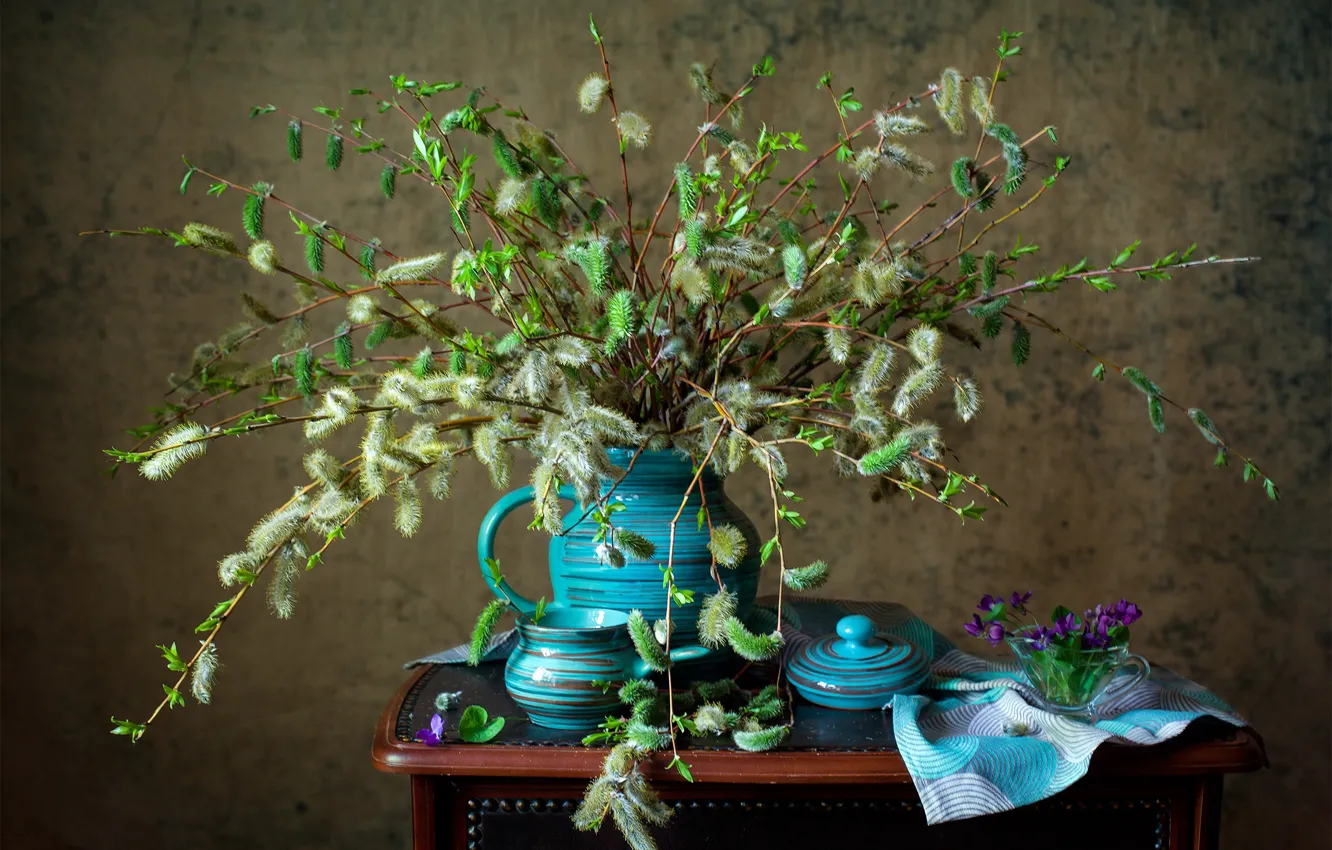 Photo wallpaper flowers, branches, pitcher, still life, table, Verba, napkin, violet