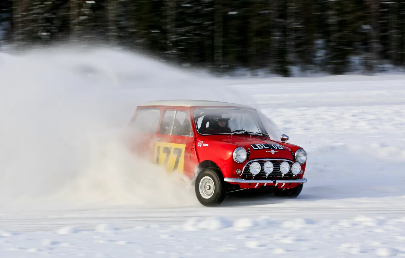 Photo wallpaper Red, Winter, Snow, Skid, Lights, Mini Cooper, Rally, MINI