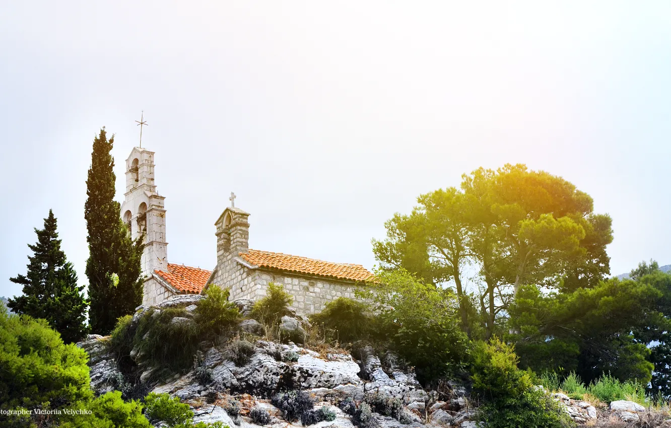 Photo wallpaper the sun, landscape, Church, landscape, Montenegro, Budva, Montenegro, Budva